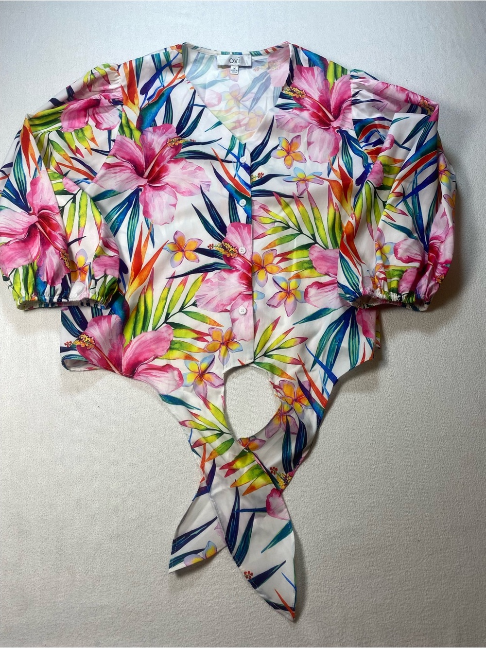 Ovi White Pink Tropical Tie-Front Blouse